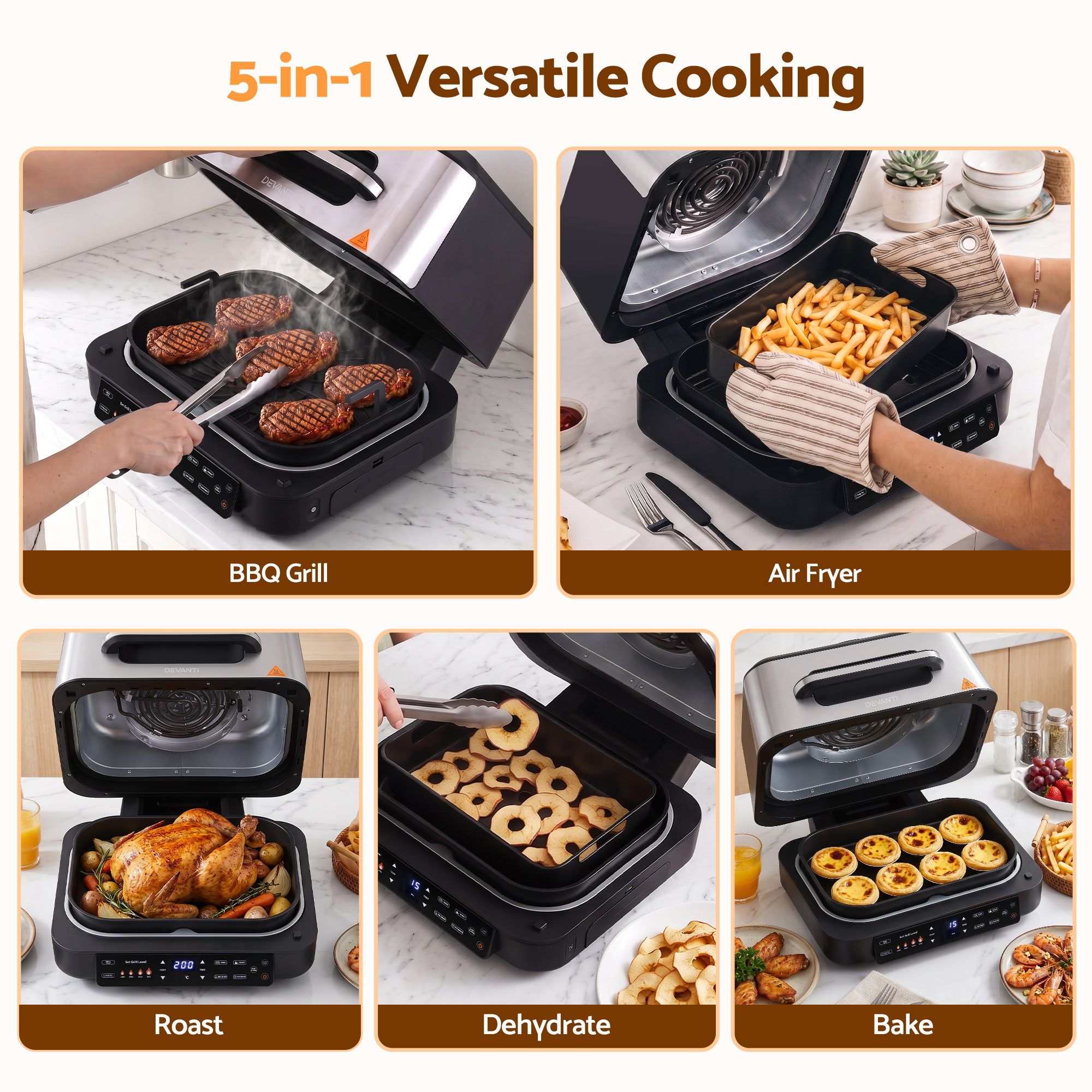 Devanti 5-in-1 Electric BBQ Grill Air Fryer, 2200W 8L Smart Thermometer โ image 4