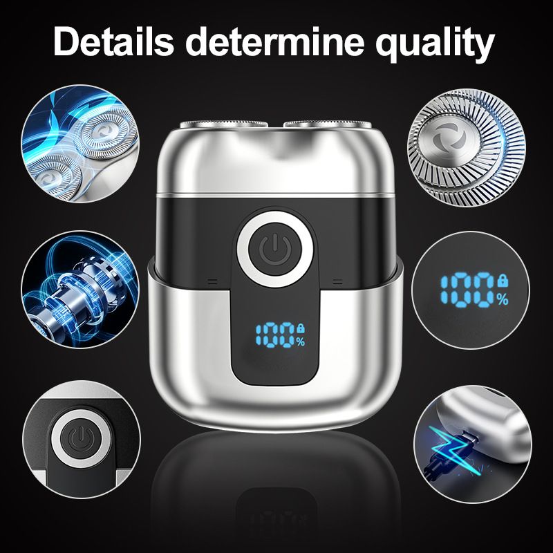Silver Mini Portable Electric Shaver for Men and two set of spare integral blades - Floating Heads, IPX6 Waterproof Wet & Dry Use, LED Battery Display, Type-C — image 3