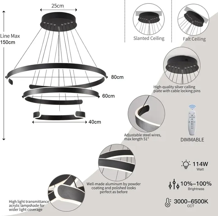 BAMDECOR AD2573 3 Round Rings C Shape Ceiling Light Chandeliers (Matte Black) — image 5