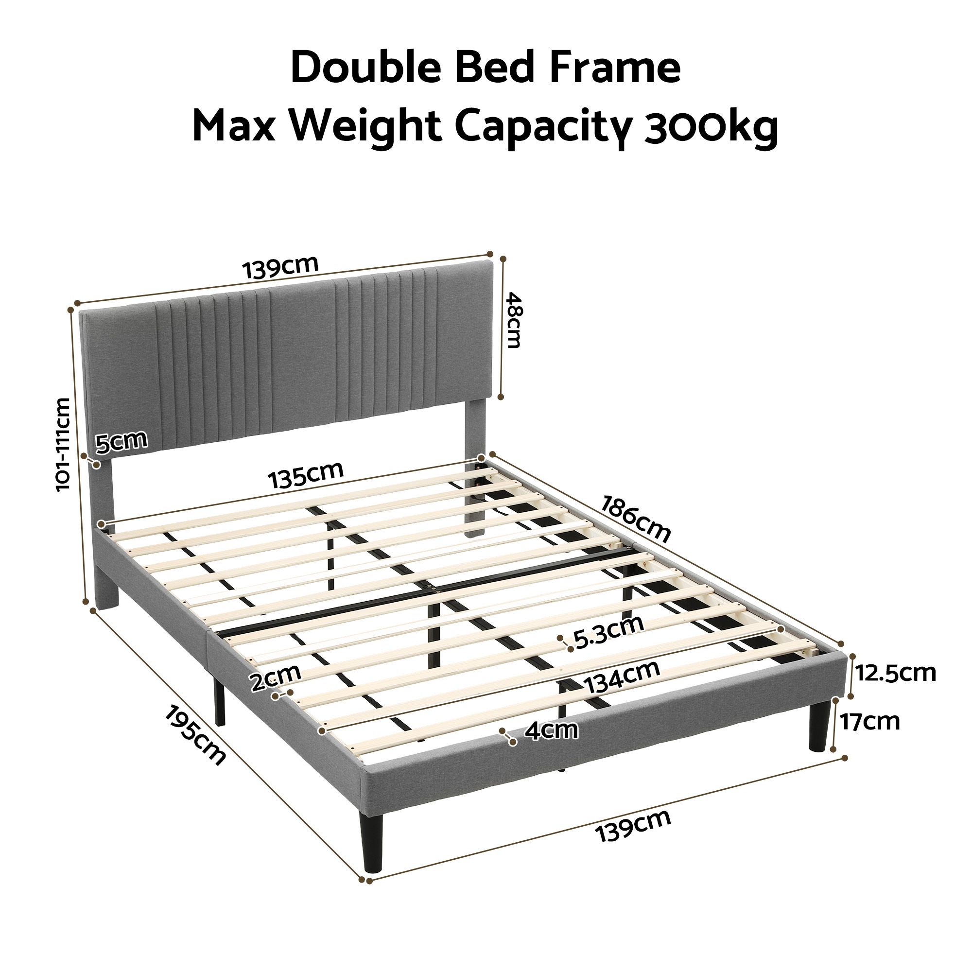 Artiss Double Bed Frame with Adjustable Headboard, Grey, 300kg Capacity โ image 3