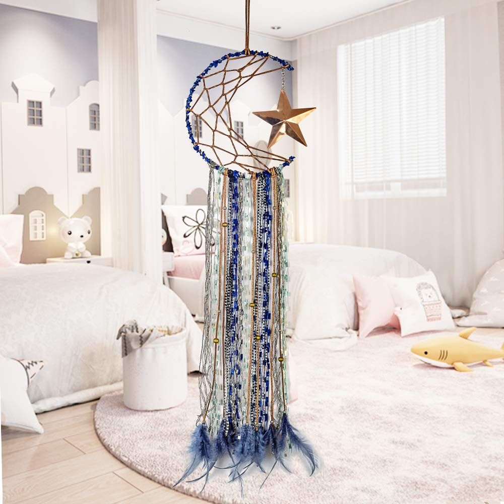 Blue Dream Catcher Handmade Half Circle Moon Design Dream Catcher Feather Hanging with Star Home Decoration Ornament — image 5