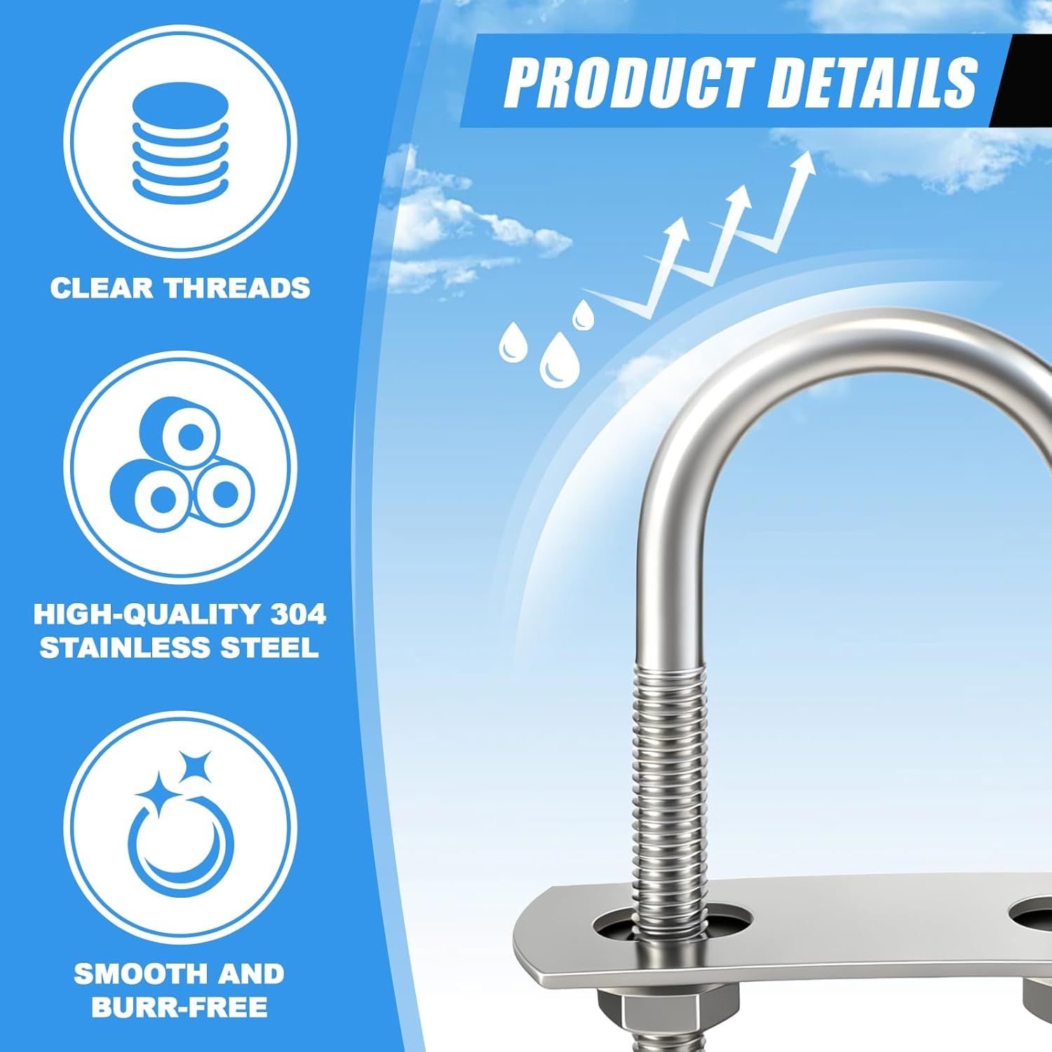 8 Sets M6 U Bolts 1 Inch Wide, 304 Stainless Steel Heavy Duty 25mm x 70mm U Bolts with Nuts, Bolt Plate, Washers and Wrench for Boat Trailer — image 3