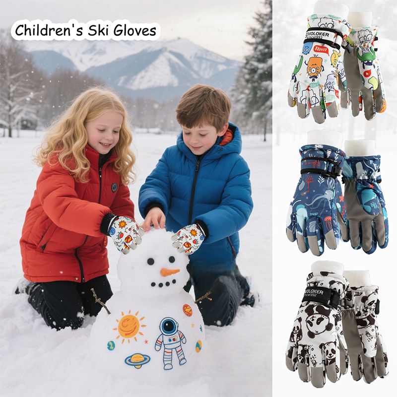 Waterproof Winter Snow Gloves for Kids with Touchscreen, Cartoon Print Design, Warm Fleece Lining, Adjustable Wrist Strap, Snowman Building, a — image 3