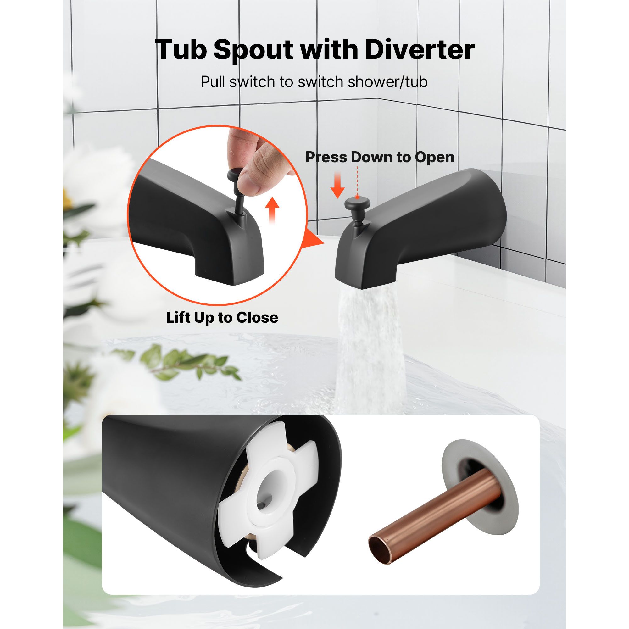 Tub and Shower Faucet Set, Complete with 127 mm Rainfall Shower Head and Bathtub Spout, 8-Setting Adjustable Spray, Single-Handle Tub Trim Kit with Brass — image 6