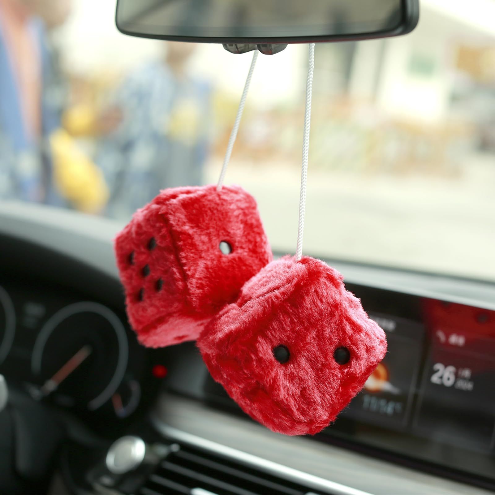 1 Pair Plush Dice Car Pendants, Auto Rearview Mirror Charms Couple Fuzzy Plush Dice with Dots for Car Interior Hanging Ornament — image 3