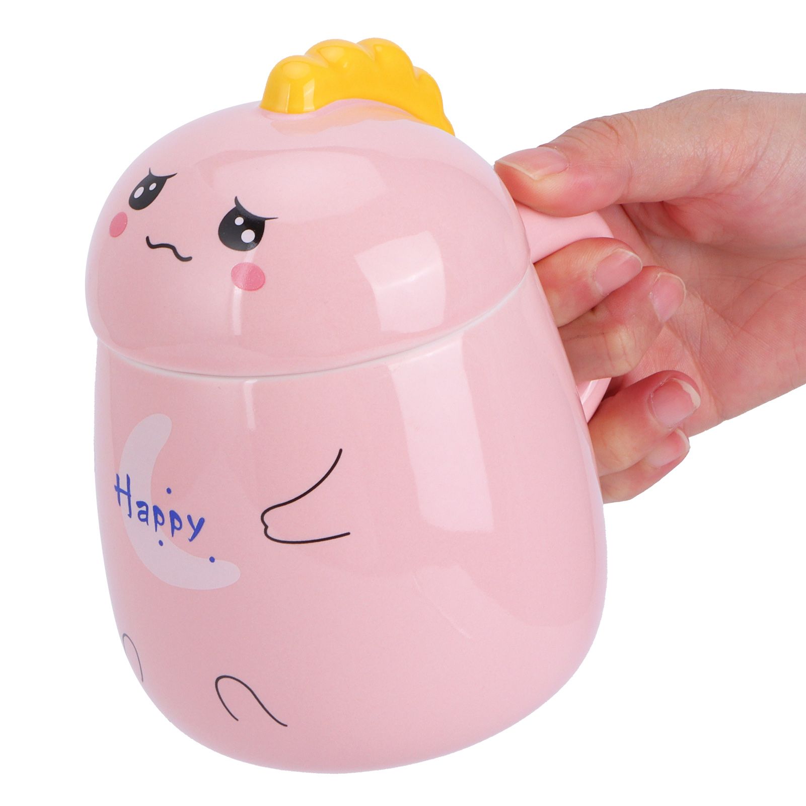 450ml Cute Ceramic Cup with Lid Spoon Water Cup Coffee Mug Girl Gift for Home OfficePink Happy โ image 6