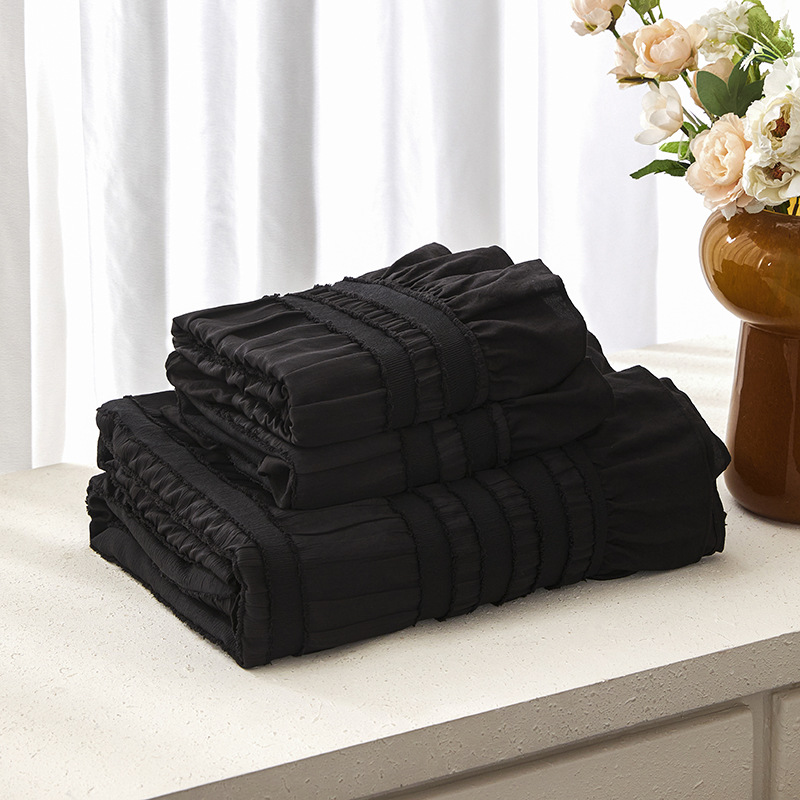 Black Elegant Ruffle Seersucker Duvet Cover with 2PCS Pillow Shams - 3-Piece Vertical Stripe Clipped Floral Textured Bedding (Queen Size 229 x 229 CM) โ image 2