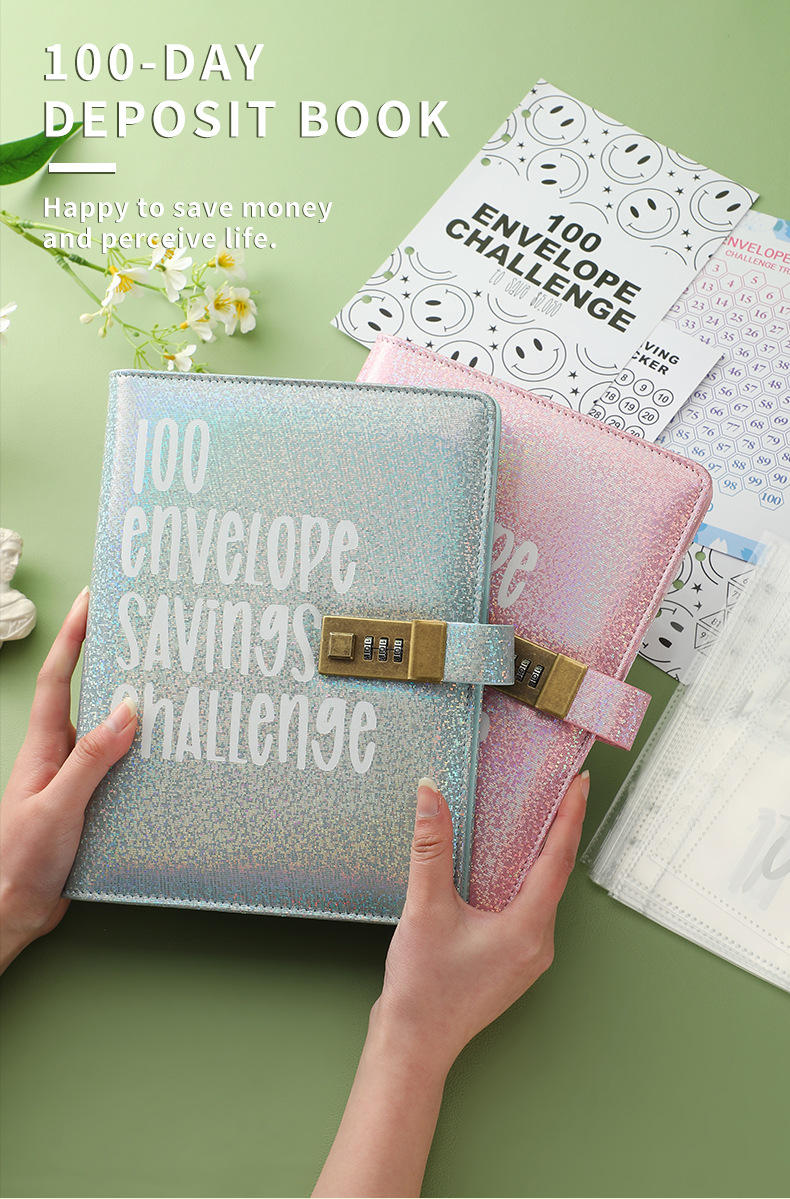 100 Envelope Savings Challenge Binder with Password Lock Holographic Yellow A5 Cash Stuffing Budget Planner Book Money Organiser for Couples (Glitter โ image 2