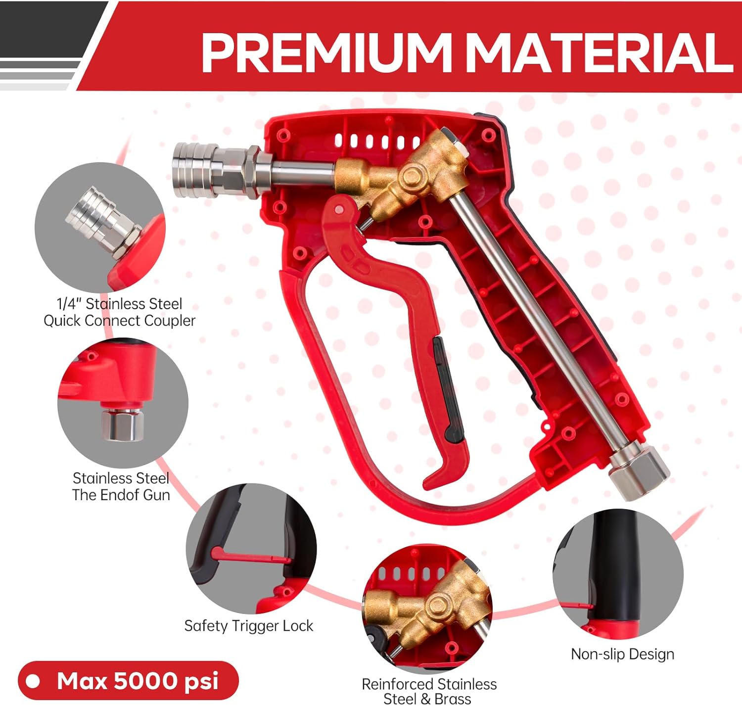 Short Pressure Washer Gun 5000PSI,High Pressure Washer Gun with 5 Spray Nozzle Tips, 3/8" Quick Connect Plug and M22-14/15mm Fittings, Power Washer — image 6