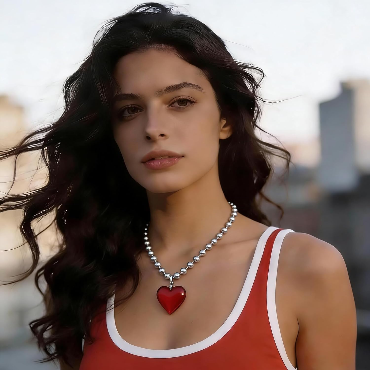 Glass Heart Shape Pendant Necklace, Alloy Chain Love Charms Necklace Red — image 5