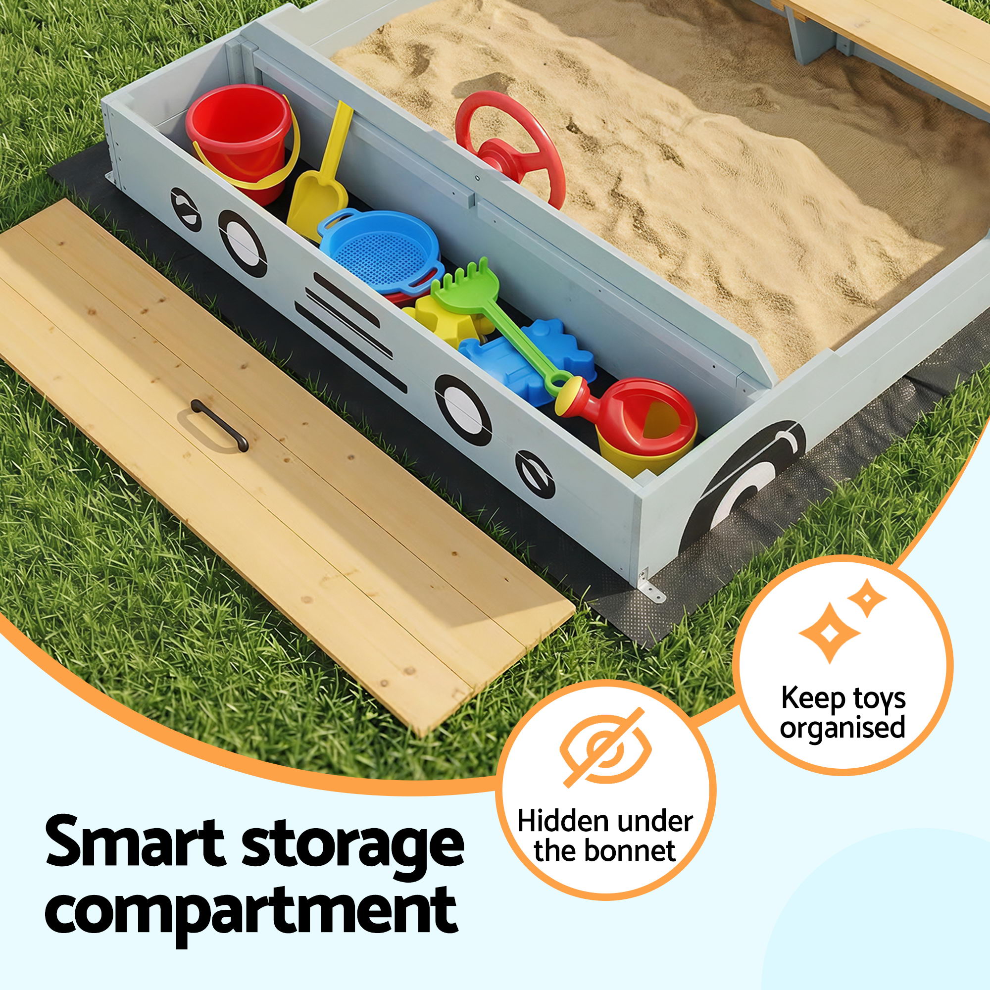 Keezi Wooden Car Sandpit Kids Sandbox Outdoor Play Toy w/ Storage Ground Sheet 120cm — image 5