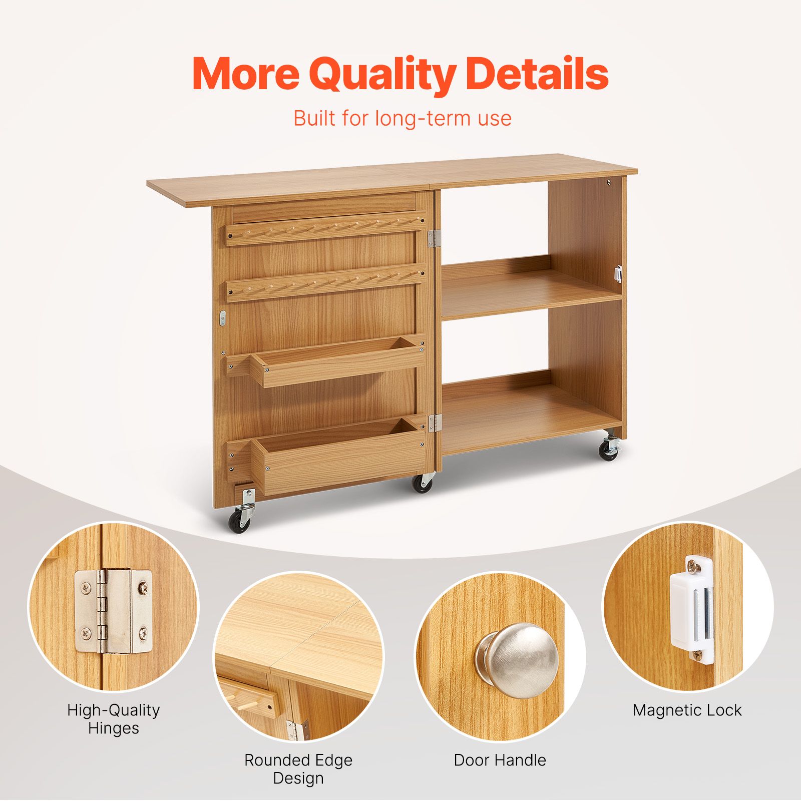 Folding Sewing Table with Lockable Wheels Shelves Trays Door Wood Color โ image 6