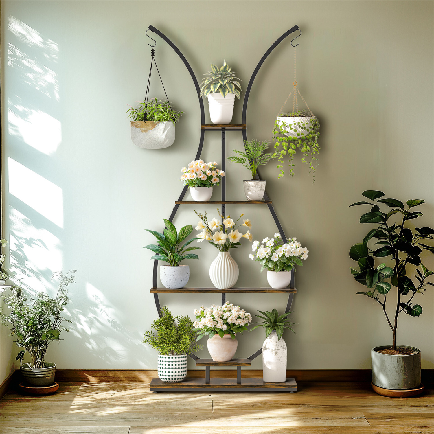 180Cm Tall Plant Stand Indoor Vase-Shape Metal Plant Shelf With Hanging Hooks — image 2