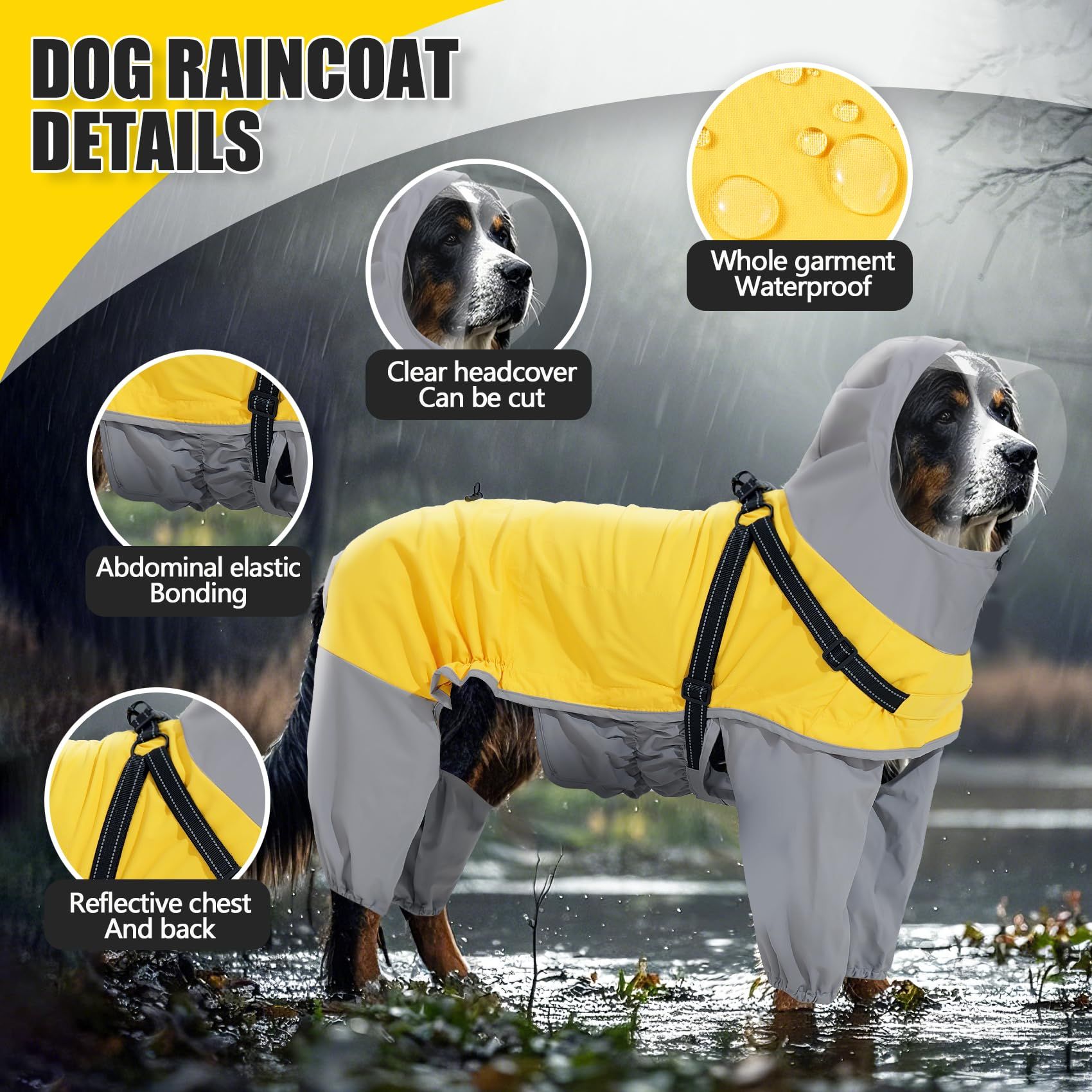 Dog Raincoat: Dog Rain Jacket with Reflective Harness & Hood | Waterproof Dogs Rain Coat Poncho for Large Medium Small Dogs Puppies (Yellow - M) — image 2
