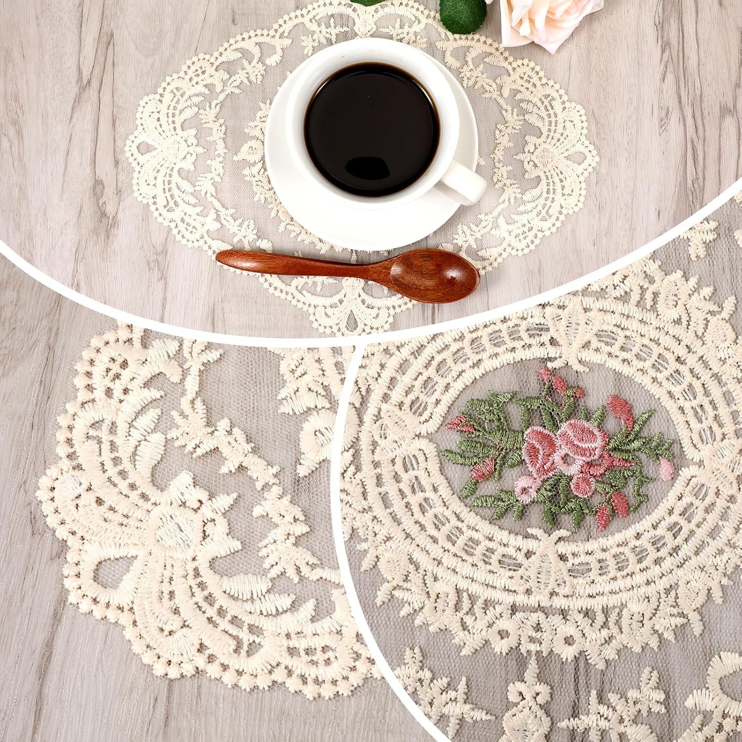 2PCS Lace Doilies for Tables, Lace Placemats Doilies for Tables Beige Embroidered Cup Mats Table Mats, Elegant and Retro for Desktop Decoration, Heat — image 4