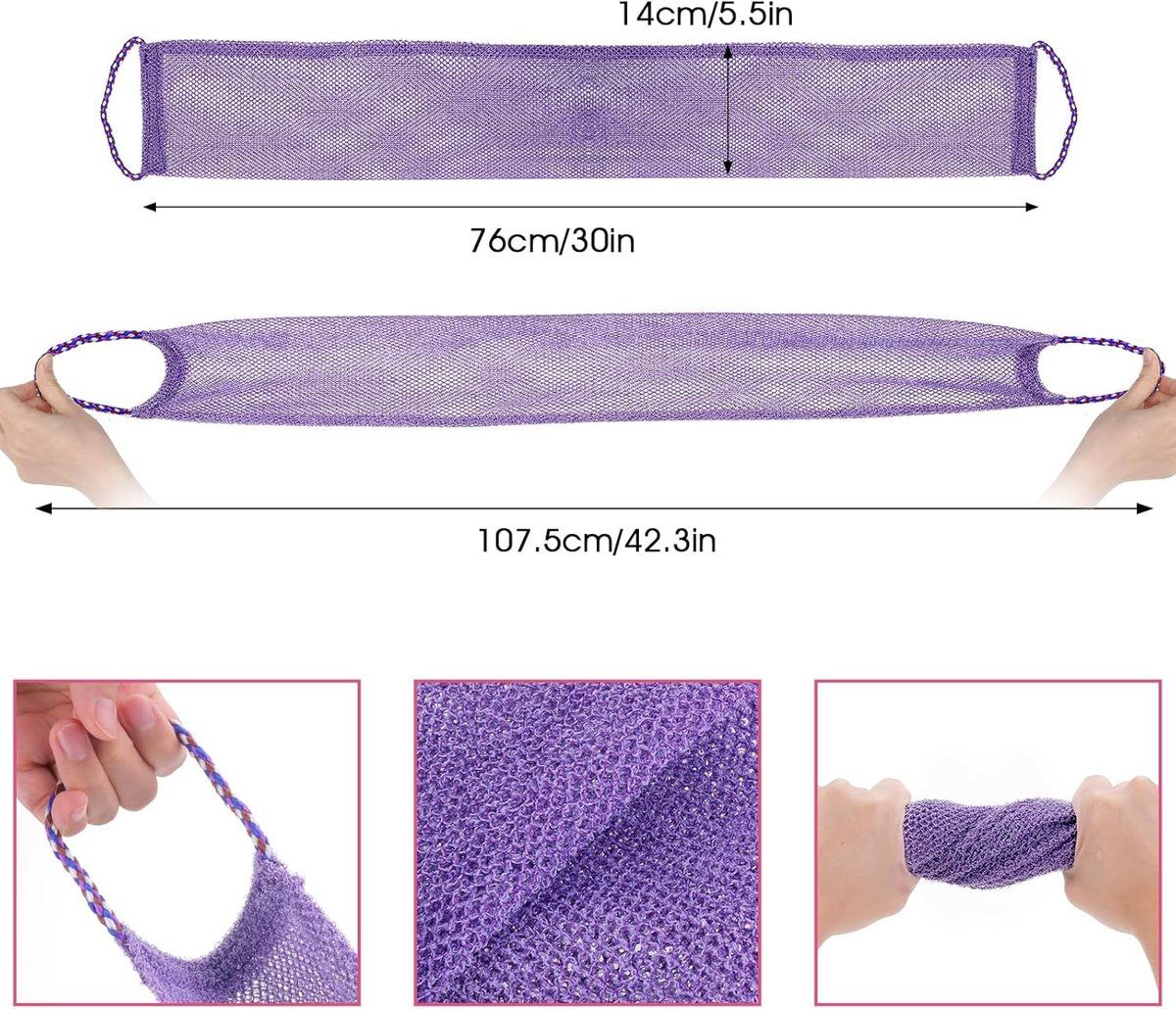 2 Pieces African net sponges with pull hook, Exfoliating shower sponge back wash, 15 × 75CM, Purple, Pink, for Home, Vehicle and Outdoor Cleaning — image 4
