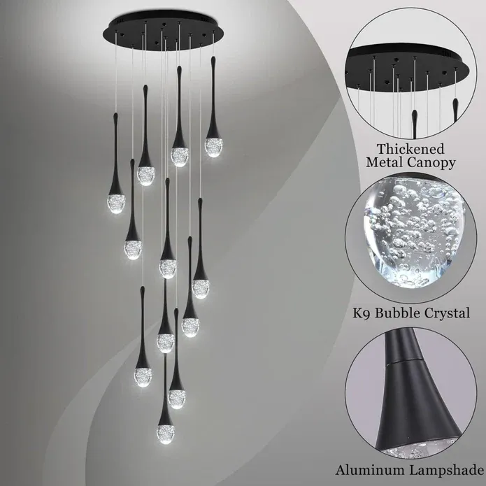 BAMDECOR LT08 12-Heads Solid Crystal Teardrop Chandelier High Ceiling Foyers Entrance Chandeliers Staircase Long Pendant Light (Black) — image 4