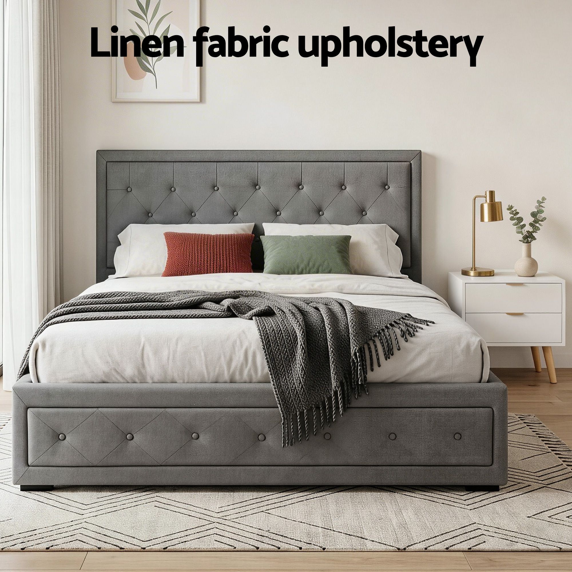 Artiss Upholstered Queen Gas Lift Storage Bed Frame with 2-Drawer Bedside Table Set — image 5