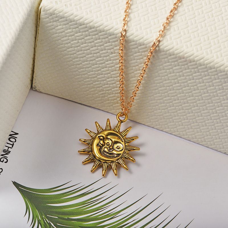 Bohemian Moon and Sun Face Pendant Necklaces Golden Minimalist Layered Coin Necklace For Women Men Jewelry Friendship Gift — image 3