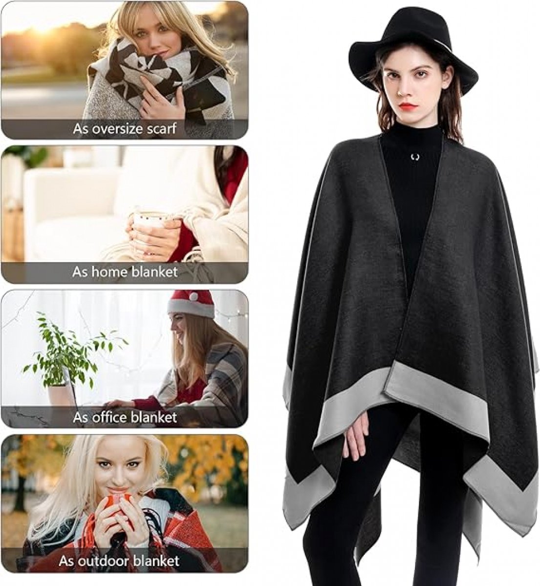 Women's Wrap - Women's Scarf - 160 x 130 Cm - Wrap Scarf - Fashion Scarf - Stole - Small Scarf - Warm Winter Scarf - Scarf for Women - Shawl - Black and Grey — image 3