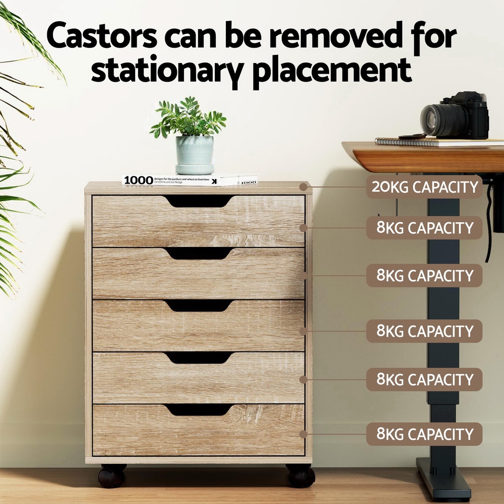 Artiss 5-Drawer Filing Cabinet Mobile Rolling Storage Cabinet Chest of Drawers Stand Scratch Beige โ image 5