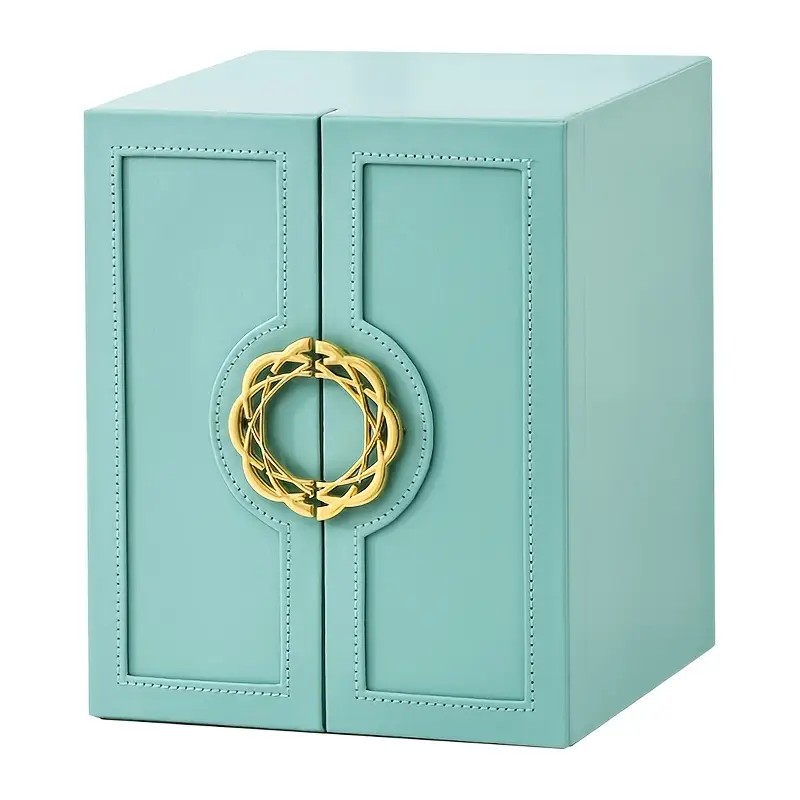 Blue 1 Large Faux Leather Jewelry Storage Box with 5 Drawers and Gold Handles - An elegant rectangular storage space for rings, necklaces, bracelets, earrings