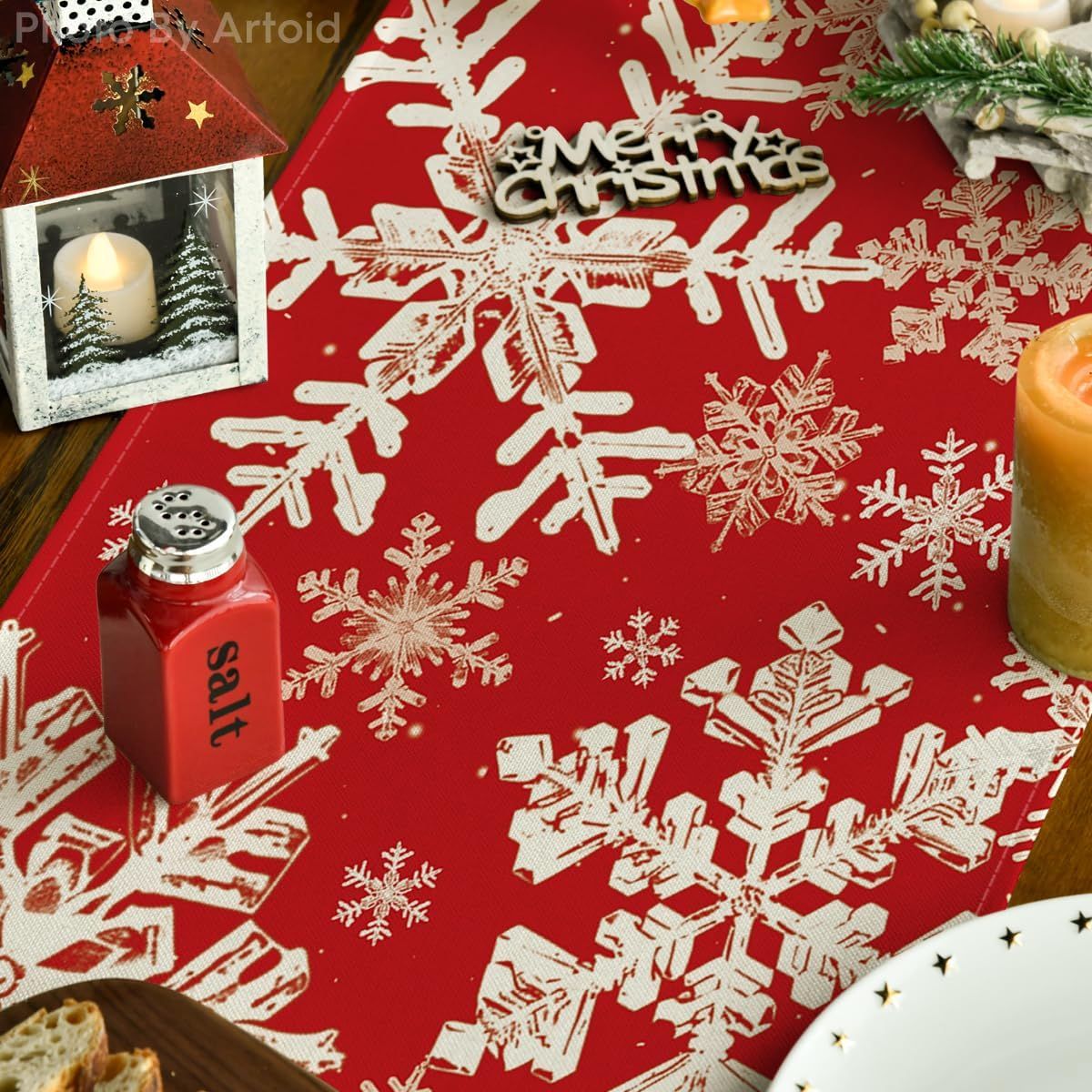 Red Snowflakes Christmas Table Runner, Winter Holiday Kitchen Dining Table Decoration for Home Party Decor 13x72 Inch โ image 3