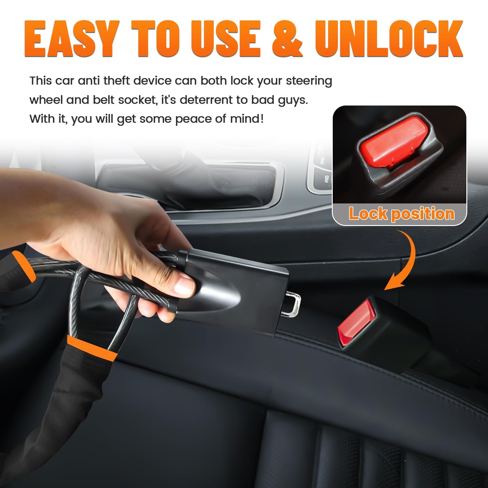 Car Steering Wheel Lock, Seat Belt Lock, Anti-Theft Device, Small and Light-Weight, Multi-Functional, Fit Most Vehicle, SUV, Golf Cart Security (Black) — image 4