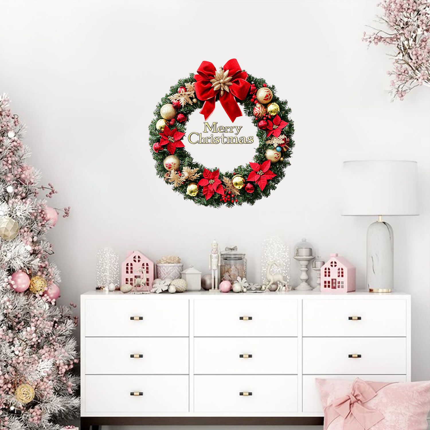 Christmas wreath, bows, Christmas balls, poinsettias, holiday decoration, outdoor decor, indoor decor, Australian Christmas, festive wreath, front door — image 2