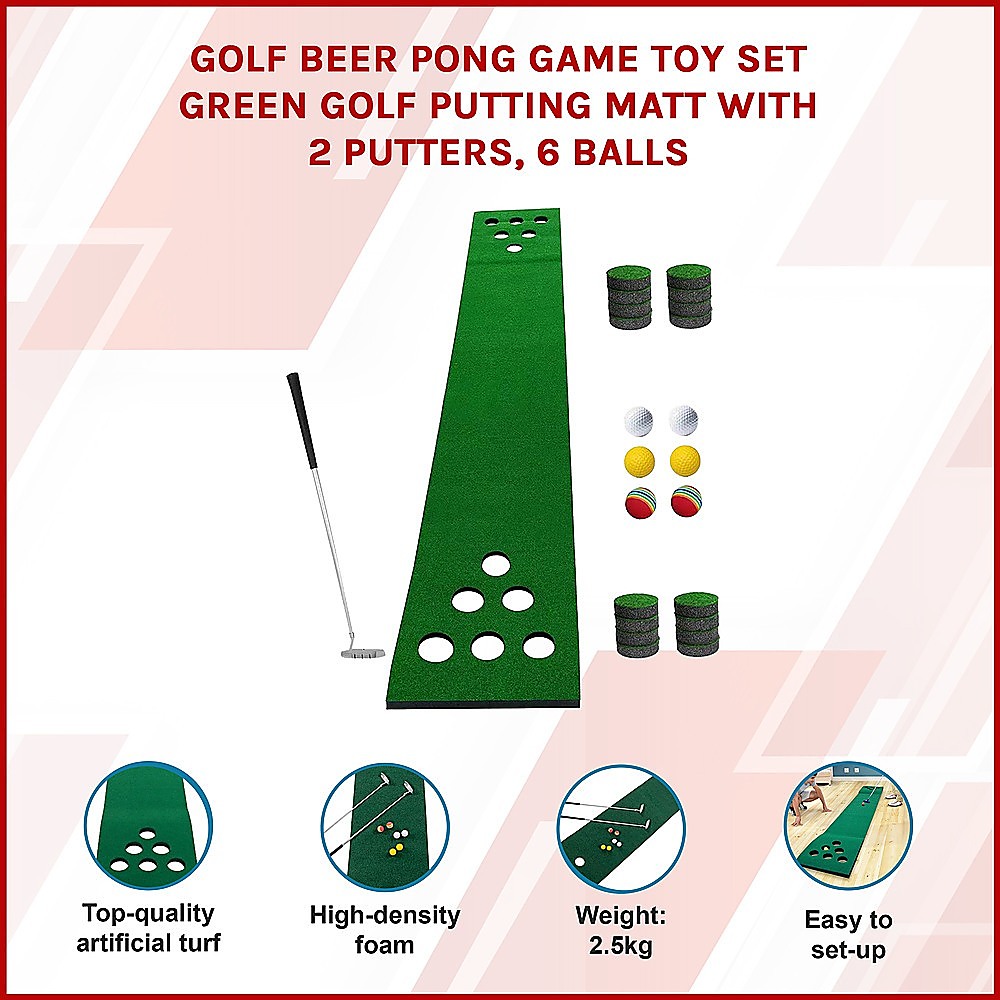 Golf Beer Pong Game Toy Set Green Golf Putting Matt with 2 Putters, 6 Balls โ image 3