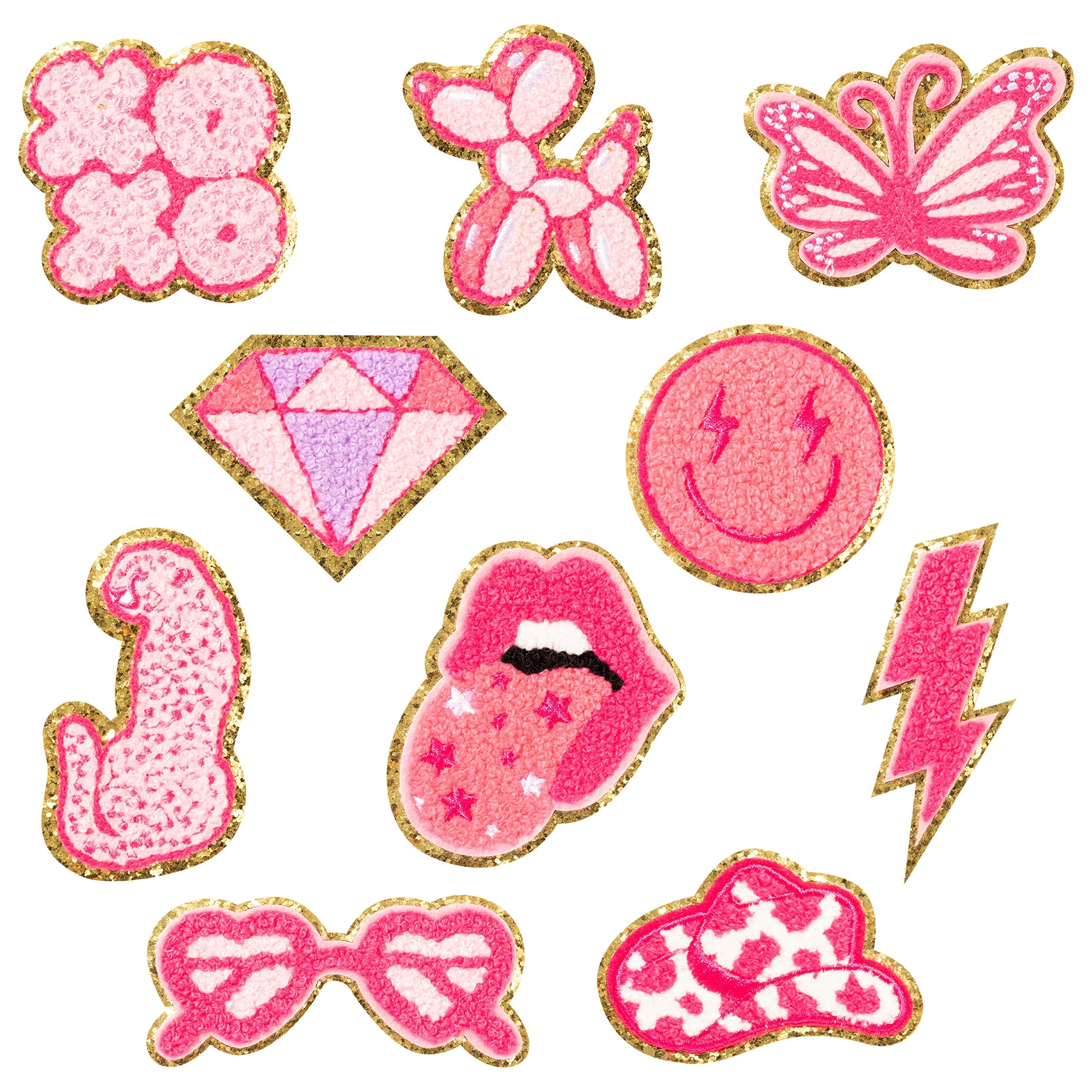 10Pcs Pink Iron on Patches for Girls Y2K Chenille Embroidered Repair Patch Hanging Lip Lightning Bolt Leopard Face DIY Accessories