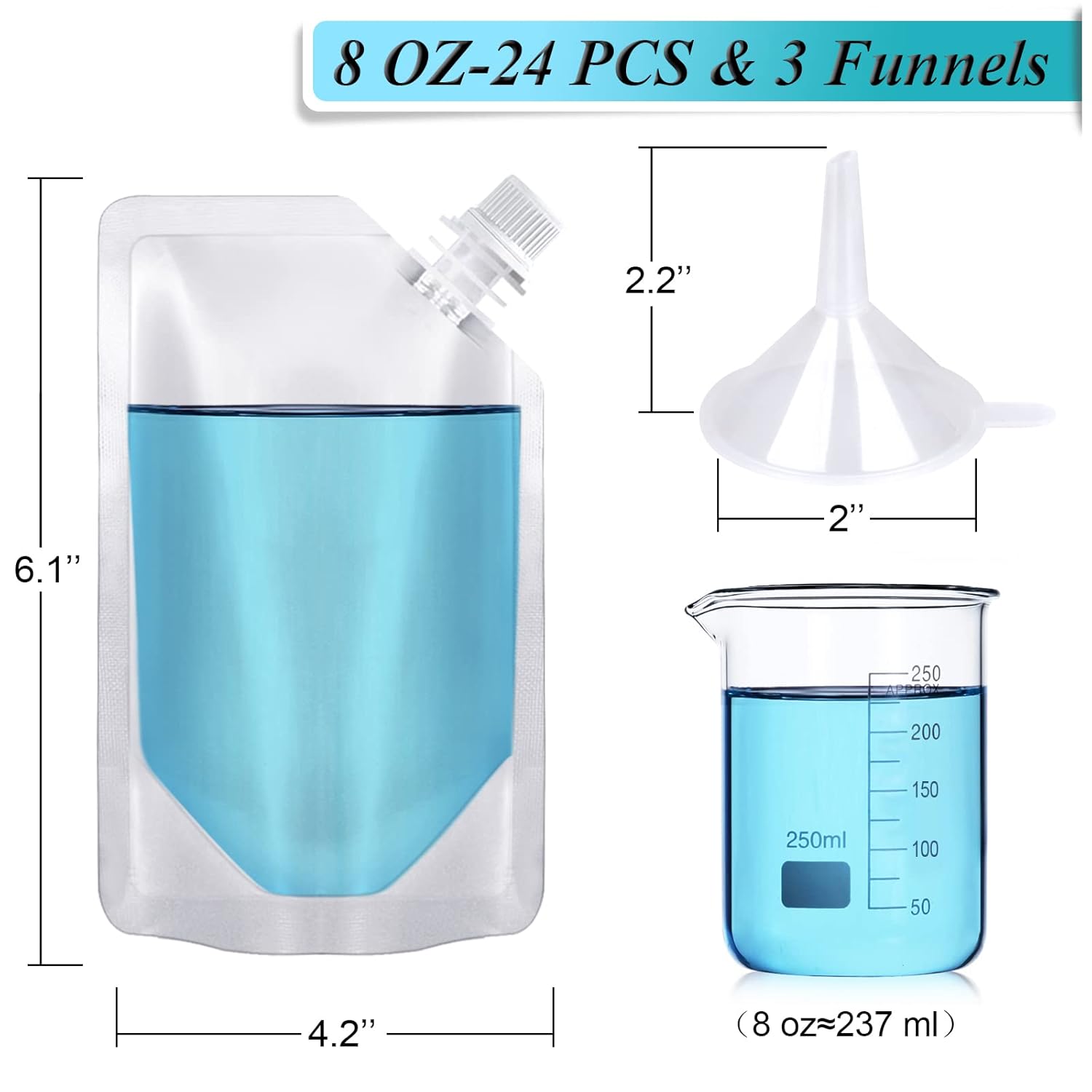 24 Pcs Plastic Flasks, 8 Oz Concealable and Reusable Drink Pouches, Leak-Proof Food Grade Plastic for Travel (8OZ-24PCS +3 Funnels) — image 2