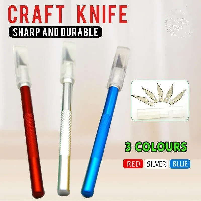 Craft Knife with 5 Blades Metal Handle Cutter Engraving Hobby Scalpel Tool - Silver — image 2