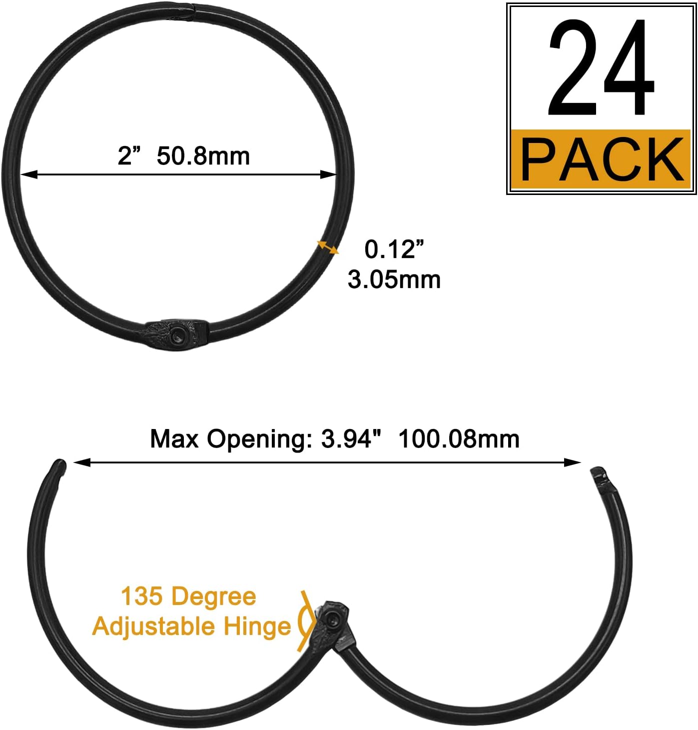 Shower Curtain Hooks - 24-pack - Stainless Steel - Multifunctional - Open Rings - Smooth Sliding - Round - Black - Shower Curtain Rings - Push Button Design — image 4