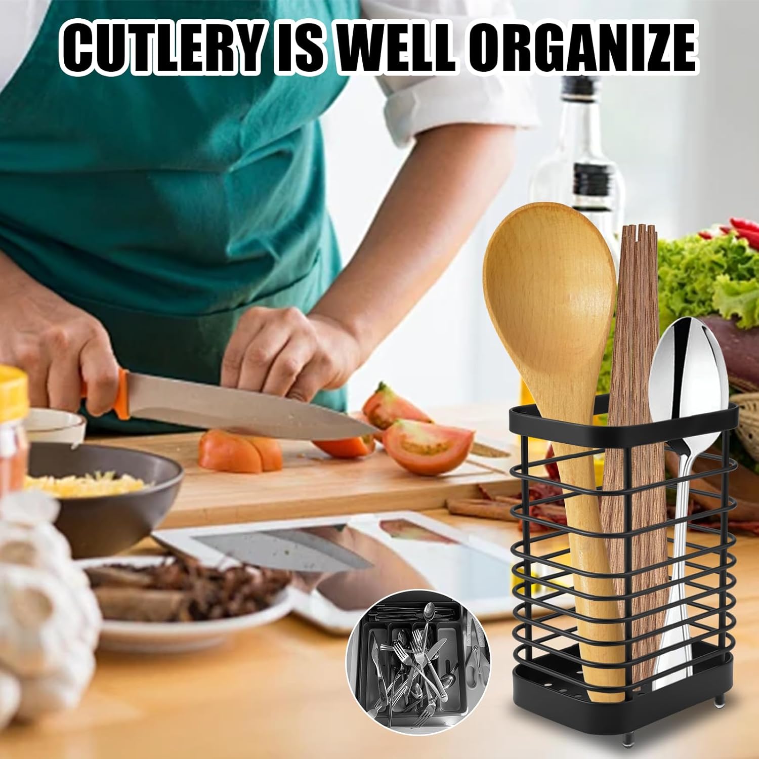 Stainless Steel Kitchen Utensil Holder, Countertop Cutlery Basket and Drainer for Spatulas, Spoons and Chopsticks, Black โ image 4