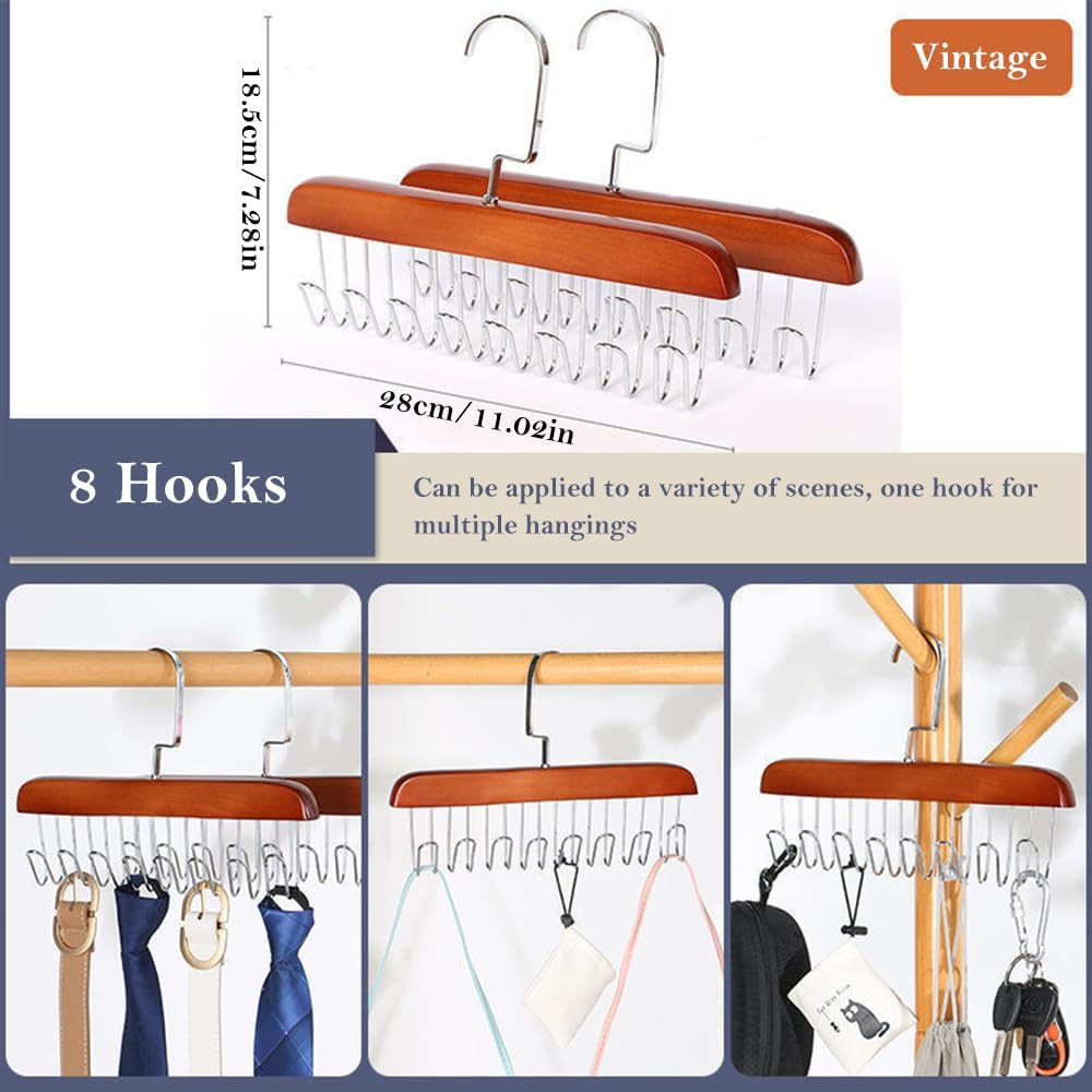 4 Pack Tank Top Bra Hanger, Wood Tie and Belt Hanger, Anti Slip Multi Hook Coat Rack, Hanging Closet Organization Storage Holder for Belts, Ties, Scarfs, Bras — image 2