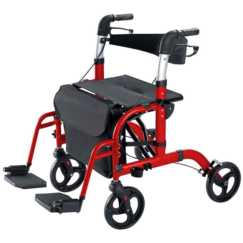 2-in-1 Foldable Aluminium Rollator Walker with Seat, Adjustable Handles, 8" All-Terrain Wheels, Detachable Storage Bag, 136kg Capacity, Lightweight Walking