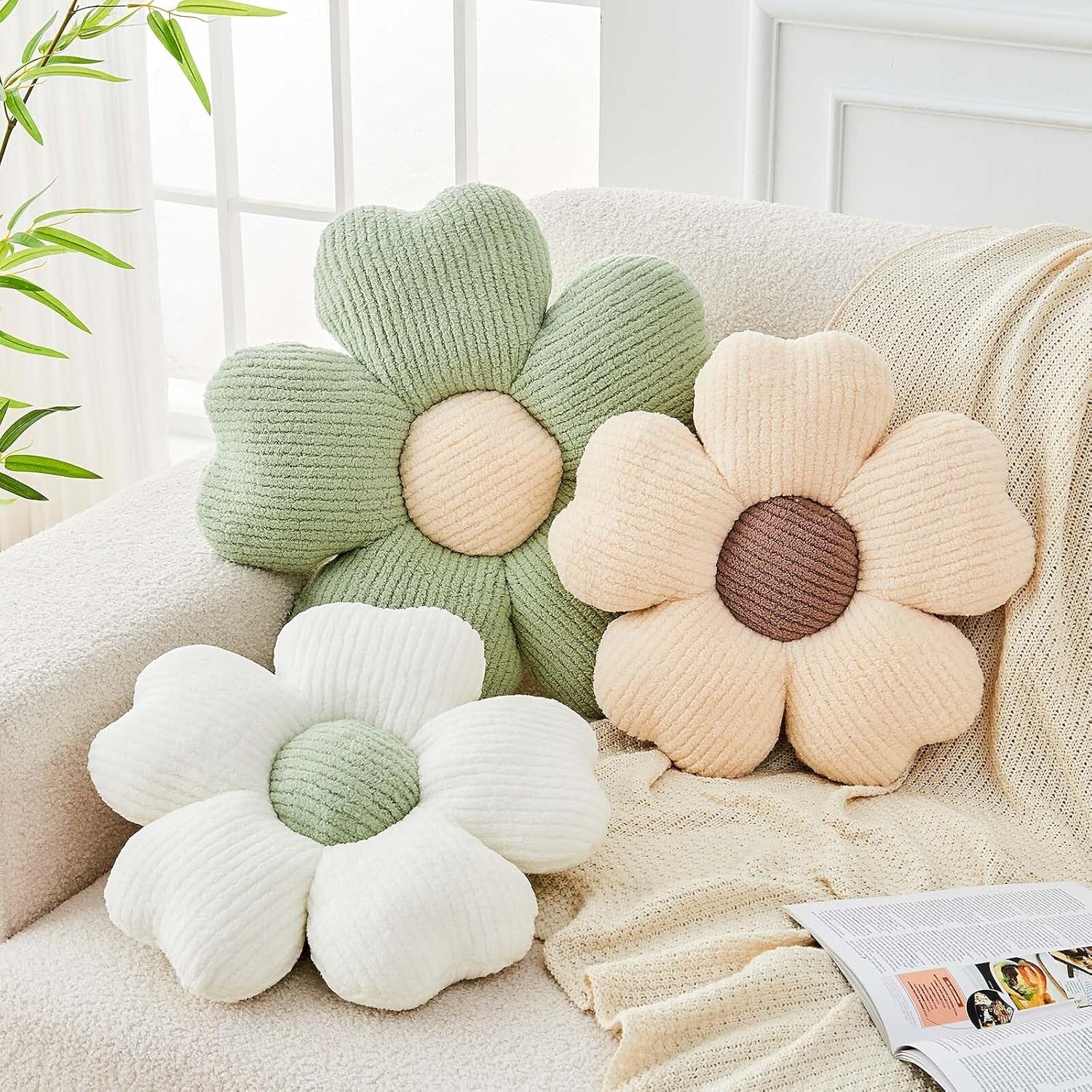 Flower Throw Pillow, Cute Flower Shaped Pillow Decorative Throw Pillow for Bed Couch, Soft Daisy Pillows Floor Seating Cushion Cushions (14.9 Inch Ivory+Brown) — image 3