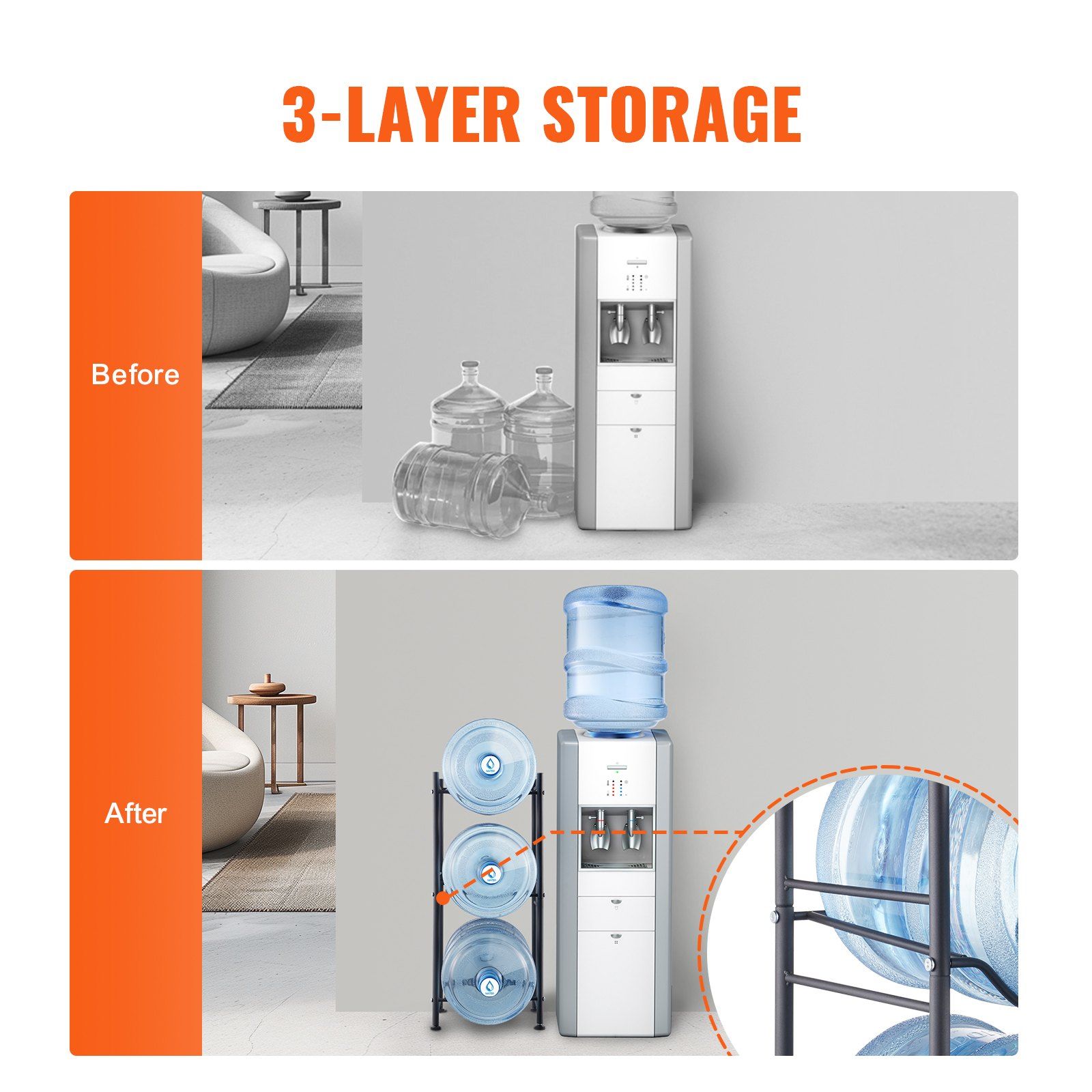 3 Tier 5 Gallon Water Bottle Holder Heavy Duty Single Row Water Jug Rack for 3 Bottles Kitchen Office Living Room Black — image 2
