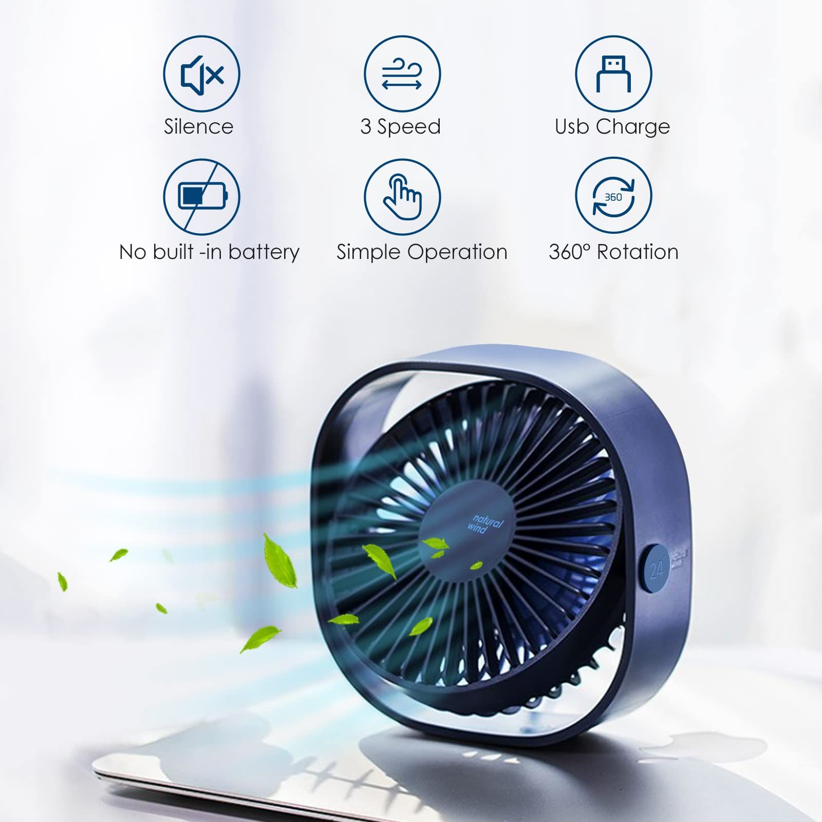 Small USB Fan Small Quiet Portable USB Powered ONLY (No Battery), Cooling Speed Setting 360° Adjustable, Blue — image 3