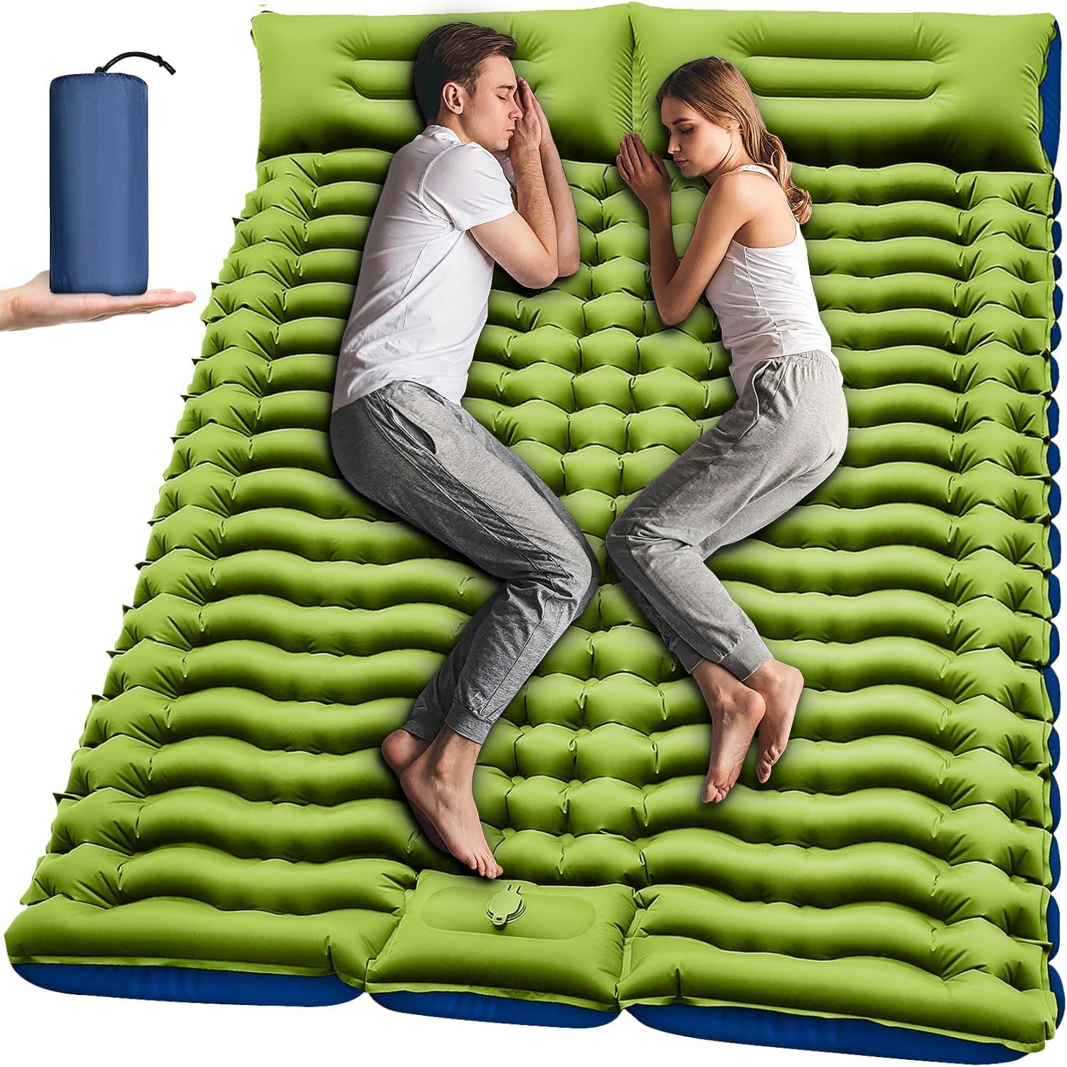 Double Sleeping Pad - Self Inflating 4" Extra-Thick for 2 Person with Pillow Built-in Foot Pump Inflatable Sleeping Mat for Backpacking, Hiking, Traveling
