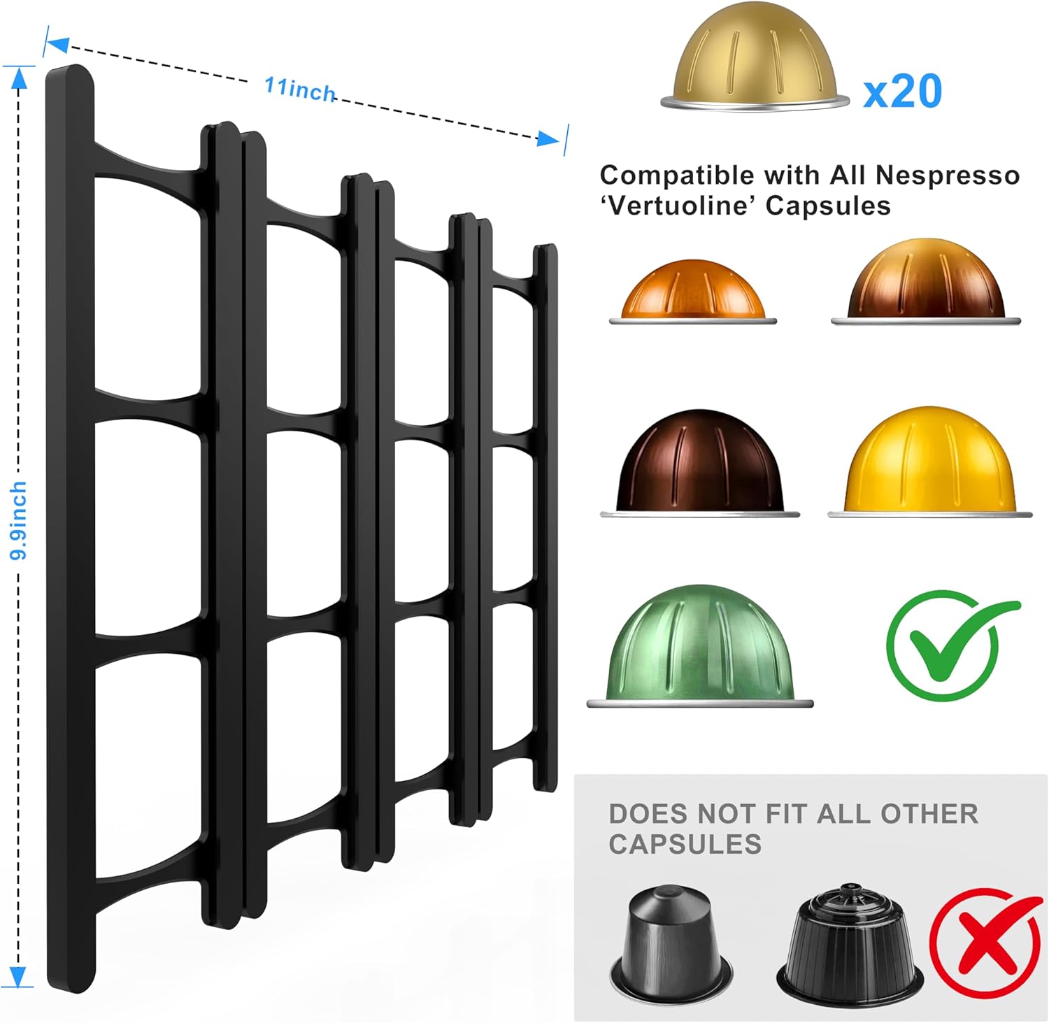 Coffee Pod Holder Compatible with Nespresso VertuoLine Capsules – 20-Pod Space-Saving Organizer for Wall, Cabinet, or Under-Counter Mount, Black — image 2