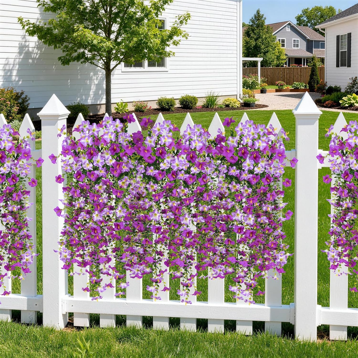 Artificial Fake Hanging Flowers Plants for Outdoor Spring Decoration,2 PCS Faux Silk Morning Glory with Eucalyptus Leaves,UV Resistant Realistic Trailing Vines — image 5
