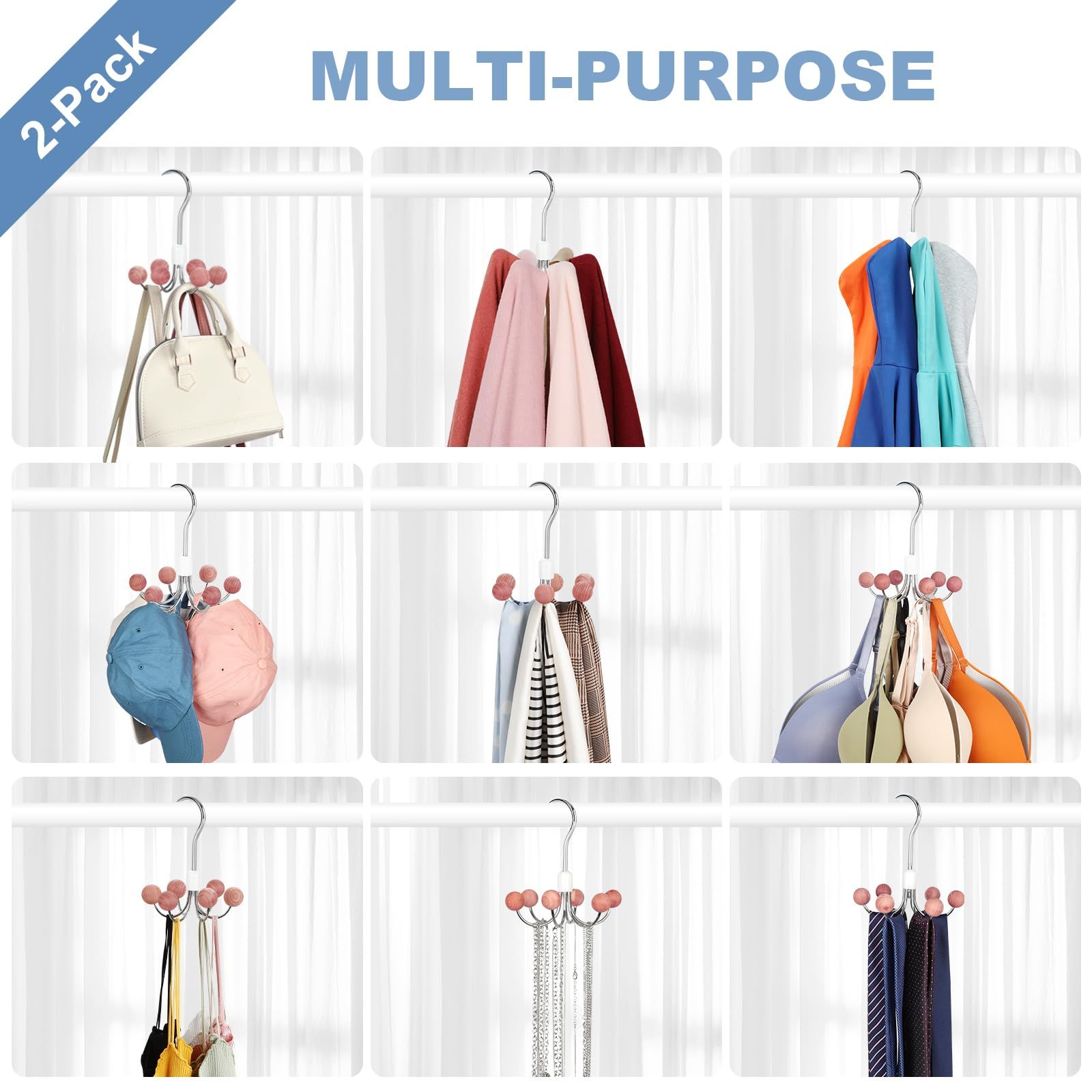Purse Hanger 2-Pack with 6 Cedar Balls, 360°Swivel Scarf Hanger, Closet Storage Hook, Handbag Organizer, Bra Hanger — image 4