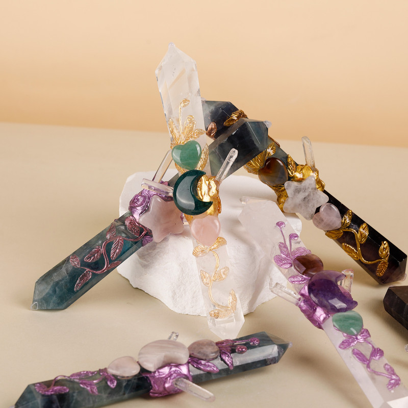 Handmade Crystal Wand Natural Stone Scepter Raw Gemstone Magic Wand Healing Tool Green Fluorite star pattern โ image 2