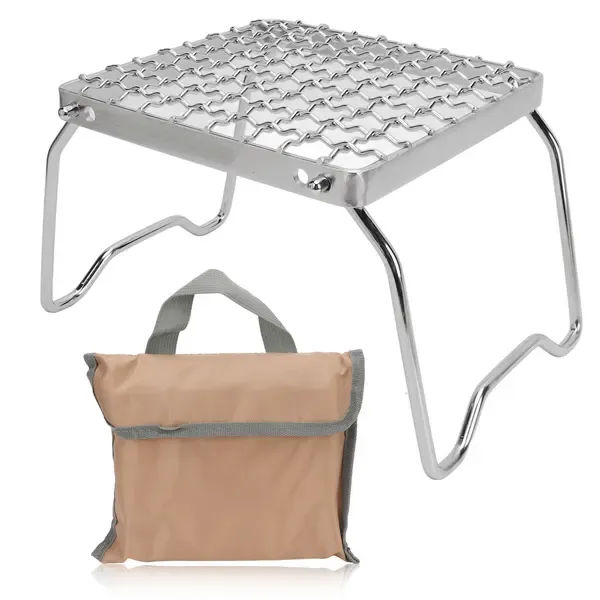 1 Piece Foldable Campfire Grill Stand, Stainless Steel Adjustable Mini Stove Rack for Camping, Picnics and BBQs, Silver, 16 × 16 cm