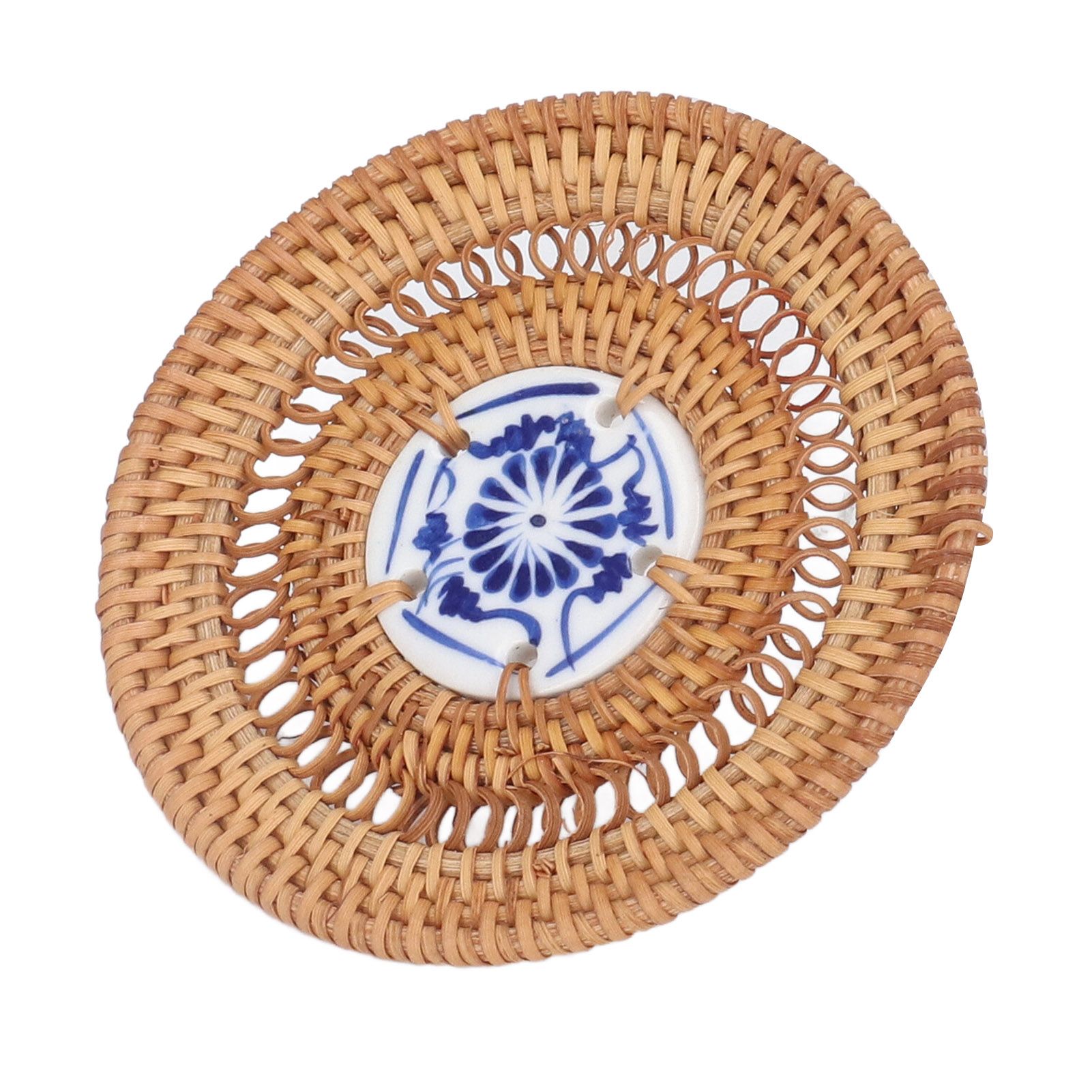Blue and White Porcelain Coaster Round Woven Rattan Blue White Porcelain Cup Holder for Basil Cups Rattan Cups10cm/3.9in — image 5