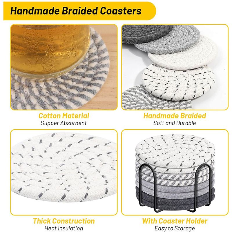 Gray tones 8 Piece Handmade Braided Cotton Coasters Set with Holder 4.3 Inch Round Absorbent Drink Coasters Heat Resistant Table Protection Cup Mats for Home β image 5