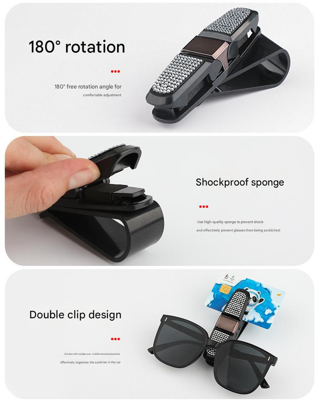 6 Pcs Red Luxury Rhinestone Car Sun Visor Glasses Clip - Multi-Functional, 180° Rotatable, ABS Material — image 6