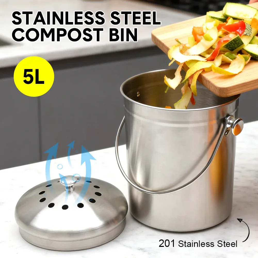 5L Compost Bin Kitchen Countertop Stainless Steel Composter Bucket with Lid and Charcoal Caddy Kitchen Waste Pail Odour Free and Easy Cleaning Silver โ image 2
